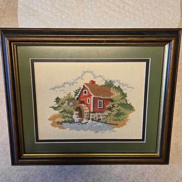 Framed Country Mill Cottage  Landscape Cross Stitch Art - Picture 1 of 2